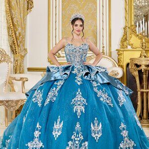 New Dusty Teal Quinceanera Ball Dress w/ Crystal Embellished Corset DQ 5125